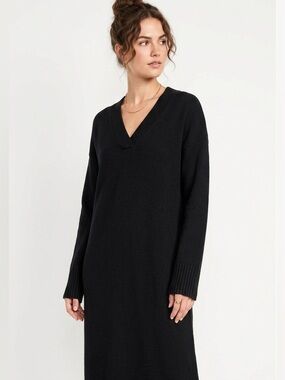 KIT AND ACE Black V-neck Sweater Midi Dress Merino wool Blend Large Minimalist